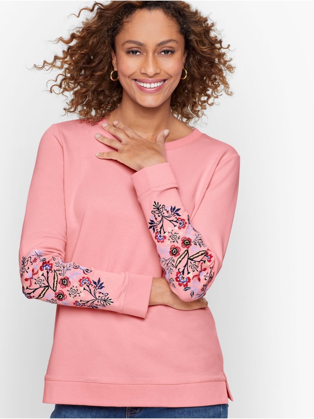 Talbots Embroidered Floral Sleeve Crewneck Top - Pink